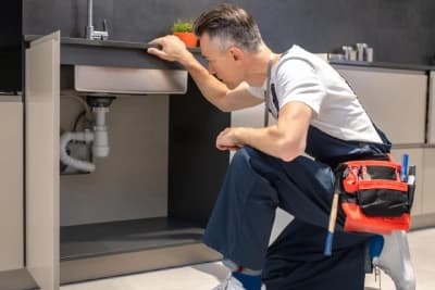 Plombier en train de réparer une fuite d'eau